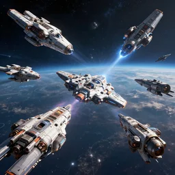 spaceships from every game battling in outerspace. high detail, 8 k, artstation, cinematic lighting, intricate, highly detailed, hdr, sharp, focus