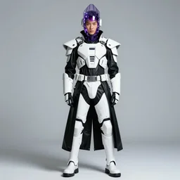 male ulzzang with white sci - fi tactical gear, black leather garment, purple transparent crystal cybernetic hood, full shot fashion photography, by irving penn and storm thorgerson, ren heng, peter elson