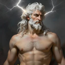 painted portrait of rugged zeus, god of thunder, greek god, white hair, masculine, mature, handsome, upper body, cold, virile, muscular, hairy torso, fantasy, intricate, elegant, highly detailed, digital painting, artstation, concept art, smooth, sharp focus, illustration, art by gaston bussiere and alphonse mucha