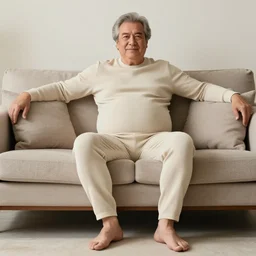 full body photo of older handsome robert. he is sitting gracefully on a sofa, he is wear elegant elastic. fitted for his awesome fluffy belly. oh he is a human by the way, wear's beige shirt, has big bouncy belly