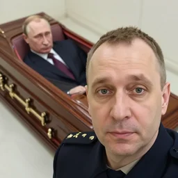 alexey navalny takes a selfie, vladimir putin in coffin on the background, insane details, clear face and eyes, textured, 8 k, professional photography
