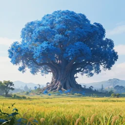 giant azure tree in the distance, fields in foreground, magical, fantasy, concept art, digital art, colorful, divine, massive scale