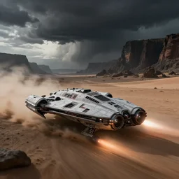 concept design of sleek space ship racing through a black!!! desert, storm clouds and deep cliffs in the background, dust cloud trailing, action shot, soft natural lighting, natural colors, star wars sci - fi vehicle, bright propulsion, motion blur, by sid mead and simon stalenhag and james gurney, intricate detail, octane render, unreal engine