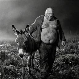 a movie still by tarkovsky of a profil giant obese old bald man in dirty clothes walking with his donkey in a swamp mossy, by night, cinestill 8 0 0 t 3 5 mm b & w, heavy grain, high quality, noir, natural textures, photorealistic, ambient occlusion, hd, mud, fog, criterion collection