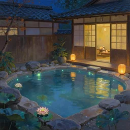 painting of private ethereal empty onsen next to japanese architecture inn with floating lanterns and lotuses by greg rutkowski craig mullins ross tran mucha cozy hot springs zen garden bioluminescent details lumen reflections matte painting concept art clear focus fantasy specular lighting global illumination trending on artstation
