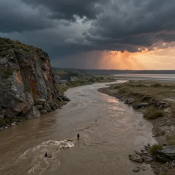 muddy river joining seashore by hiroshi yoshida, marc simonetti, roger deakins, turner, rothko, hyperrealism, cinematic, rock plateau, dramatic stormy scene, sunset, matte painting, fluid simulation, tonalism, volumetric light, trending on artstation, 8 k high detail concept art, top view, rendered in octane
