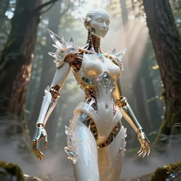 white pearlescent, chrome, iridescent titanium, crystal, liquid gold, copper, bronze hybrid biomechanical plugged into the matrix sculpture, by h. r. giger, cinematic forest lighting, crystalline masterpiece incrustations, hyperdetailed metalwork, in volumetric soft glowing mist, elegant pose, movie still, octane render, unreal engine, crepuscular rays,