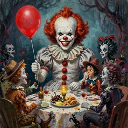 grunge painting of a picnic with a wide smile and a red balloon by chris leib, loony toons style, pennywise style, corpse bride style, creepy lighting, horror theme, detailed, elegant, intricate, conceptual, volumetric light