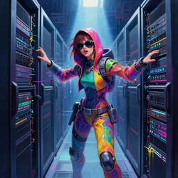 an angelic female hacker in vast cyberspace glitching through a vulnerable server, wearing sunglasses, futuristic clothes, vibrant colors, rule of thirds, spotlight, drips of paint, expressive, passionate, by greg rutkowski, by jeremy mann, by francoise nielly, by van gogh, digital painting