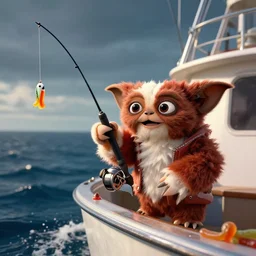 gizmo from the film gremlins ( 1 9 8 4 ) goes deep sea fishing in a sportfisherman boat. gizmo is fishing for swedish fish candy by using gummi worm candy as bait. photorealistic digital art, epic fantasy, dramatic lighting, cinematic, extremely high detail, cinematic lighting, trending, artstation, cgsociety, 3 d ue 5, 4 k, hq