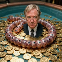 !!! rupert murdoch as a worm with many eyes!!!, in a! pool of gold coins!, photorealistic, cinematic lighting, highly detailed, very intricate, by guillermo del toro