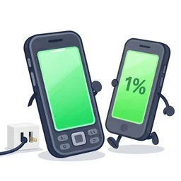 cartoon of a mobile phone on 1% battery charge running towards a plug socket