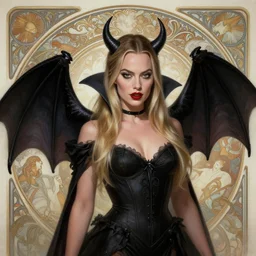 Margot Robbie as a Vampire, Bat wings, cute, fantasy, intricate, elegant, highly detailed, digital painting, 4k, HDR, concept art, smooth, sharp focus, illustration, art by artgerm and H R Giger and alphonse mucha