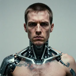 grainy photo of an ugly man, wearing bionic implants, criminal