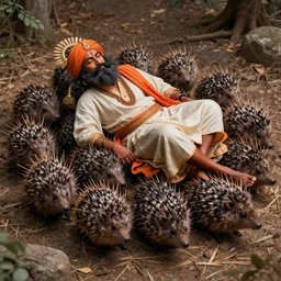 A fakir lying on a bed of porcupines, highly detailed, octane render