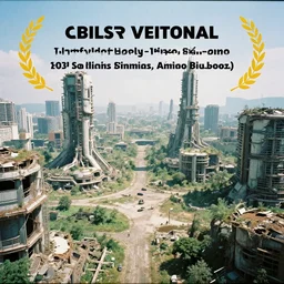 film photograph of an empty ruined futuristic city, overgrown, photo taken from a helicopter, bright colors sunshine, solarpunk, award - winning photography