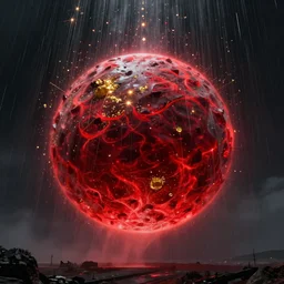 A large sphere of red energy, rain, gold particles, by greg rutkowski