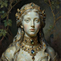 detailed portrait in femininity, cosmopolitan priestess, realistic face sculpted features, specular eyes, statuesque model, glass skin, fiberglass hair, high collar, opulent, encrusted, jewel, asymmetrical, chiaroscuro, organic impressionism, vine backdrop, natural colors, digital illustration