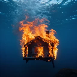 dslr photo still of a house on fire under the water under water at the bottom of the ocean, 8 5 mm f 1. 8