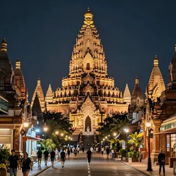 street view of gigantic temple city at night by cyril rolando and naomi okubo and dan mumford and ricardo bofill