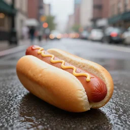 a dog in a hotdog bun, 3 5 mm f 1. 2 photograph, dof, new york street, wet, rainy, photorealistic