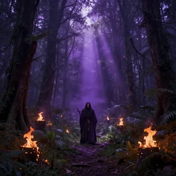 A transcendal being having a ritual in a mysterious and lush burning forest, dark fantasy, wide shot, purple hue, realistic lighting, sunshaft