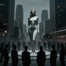 cinematic wide angle view of a dystopian kylie jenner statue in the middle of los angeles being worshipped by shadow figures, orwellian, by neil blevins, high detail, digital painting, minimalist art style, death stranding art style, cinematic lighting, artstation, cgsociety, 3 5 mm film grain