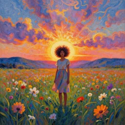 exploding flower afro, full body, girl standing in the middle of a field with flowers, surreal photography, hills, sunrise dramatic light, impressionist painting, colorful clouds, digital painting, pointillism, artstation, simon stalenhag