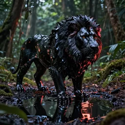 the black lioness made of goo, stalking prey in the jungle at night, viscous, sticky, dripping black goo, dripping goo, sticky black goo. photography, dslr, reflections, black goo, rim lighting, cinematic light, horror, contrast, volumetric, neon, tar puddles