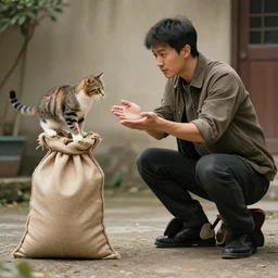 a man with a sack, ready to catch the cat