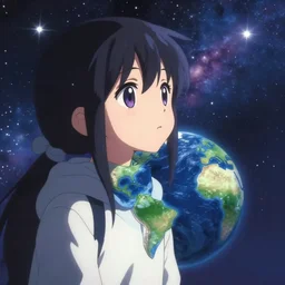 anime portrait of earth - chan!!! looking far away on space, melancholy!!! art station, ( ( ( blurred, highly detailed, chibi ) ) ), illustration, stars and galaxies, cinematic!!!