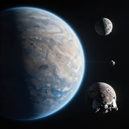 outerspace large planet looming, a moon off to the side three spaceships flying between the moon and the planet, 4k, photorealistic, galaxy