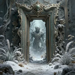 doorway to an ancient fallen god, lush tundra vegetation, snow :: by Michal Karcz, Daniel Merriam, Victo Ngai and Guillermo del toro :: ornate, dynamic, particulate, intricate, elegant, highly detailed, centered, artstation, smooth, sharp focus, octane render, 3d