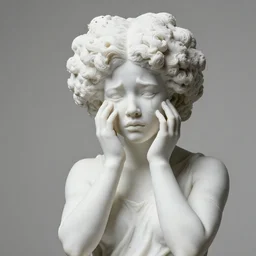 a photorealistic all white marble sculpture of a black girl with an afro crying
