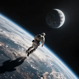 Running at the edge of space, toward a planet, calm, reaching the abyss, digital style, artstation style, fantasy style, sci-fi style