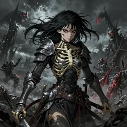 realistic detailed image of a female skeleton warrior black hair blowing in an angry, stormy battle scene, anime art, anime, inspired by H.R. Giger and Zdzislaw Beksinski and Mark Ryden, gothic, rich deep colors. A masterpiece, matte painting, digital art, Trending on artstation.