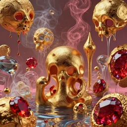 vivid conceptual dream of resonating pain, various painful textures, painful vibe, various painful shapes, various painful structures, gold, ruby, glass, water, vaporwave, HDR, octane render, 8k, 4k
