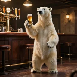 a still of a polar bear holding a beer at a bar, standing on two legs on the floor. beer tap. 4 k. epic ligthing