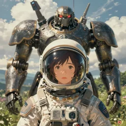 portrait of a girl with astronaut helmets by ilya kuvshinov, a big medieval mech, cloudy sky background lush landscape ln illustration concept art anime key visual trending pixiv by victo ngai fanbox by greg rutkowski makoto shinkai takashi takeuchi studio ghibli