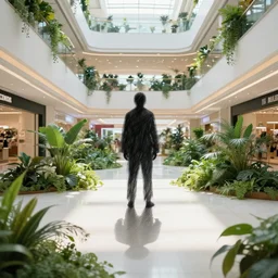 a shadowy figure made of sketchy lines standing in an empty mall that is overgrown with plants