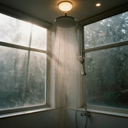 a bathroom in a modern greenhouse, lights shining through the murky windows, a showerhead in the center, 4k