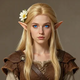 portrait, 30 years old women :: fantasy elf :: blue eyes, long straight blonde hair, flower in hair :: attractive, symmetric face :: brown medieval cloting, natural materials :: high detail, digital art, RPG, concept art, illustration