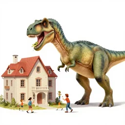 a dinosaur eating a mansion and people are attacking the dinosaur