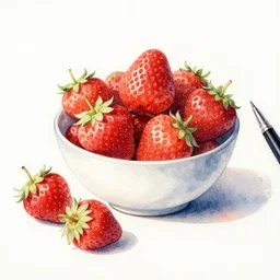 a bowl of strawberries, bright, lush, still life, watercolor and pen