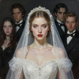masterpiece painting of elitevampire bride girl portrait by elena kukanova, jeff easley, james jean and zdizslaw beksinski, 8 k, epic, majestic, intricate artwork, volumetric lighting, porcelain skin, dramatic vivid and vibrant colors, gothic, haunting, in the style of midjourney, trending on artstation, behance