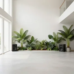 a large loft with tropical plants and speakers, minimal style