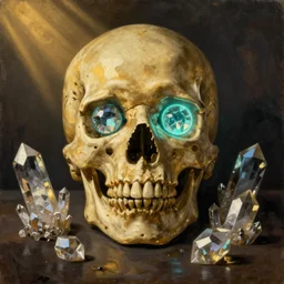 still life painting of a skull with neon glowing crystal eyes, surrounded by various crystals, by pieter claesz, oil on canvas, strong lighting, highly detailed, hyper realism, golden hour, god rays, hd, 4 k