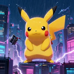 giant mecha pikachu destroying a cyberpunk city at night, neon, by josan gonzalez and craig mullins, raining, thunder, electricity