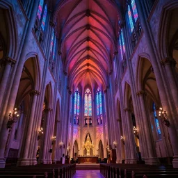 a wide lens photo of the interior of a gothic church with neon lights and psychedelic graphics
