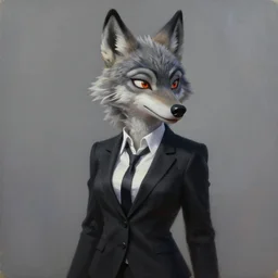 oil painting of anthromorphic female wolf, in style of cory loftis, fursona, furry, furaffinity, 4 k, deviantart, furry art, fursona art, wearing black business suit, business suit, in style of zootopia, wolf fursona, cyberpunk, female, very very very expressive detailed feminine face,
